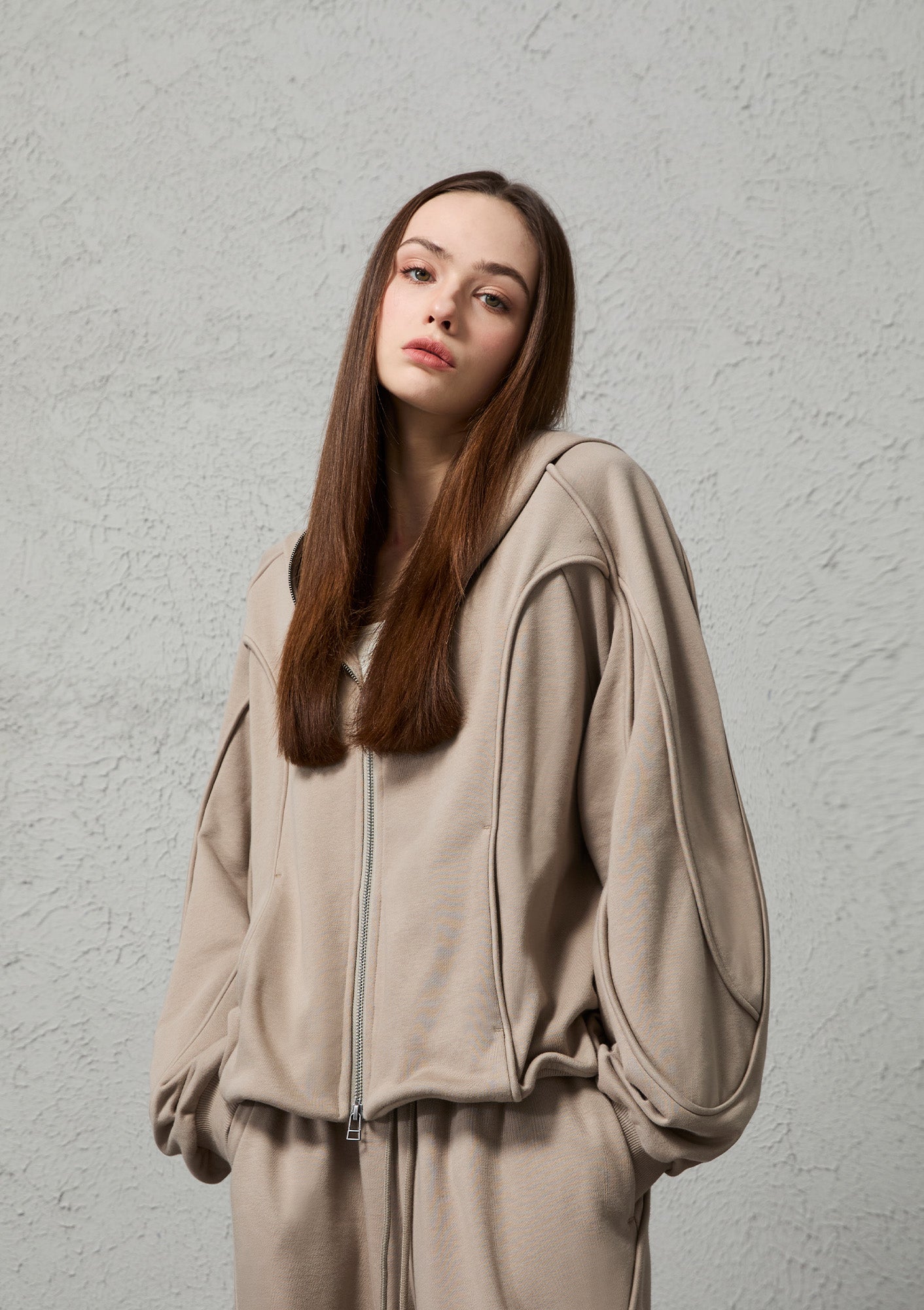 ORGANIC EMOTION Curved Panel Drawstring-Hem Zip-Up Hoodie, premium urban and streetwear designers apparel on PROJECTISR.com, ORGANIC EMOTION