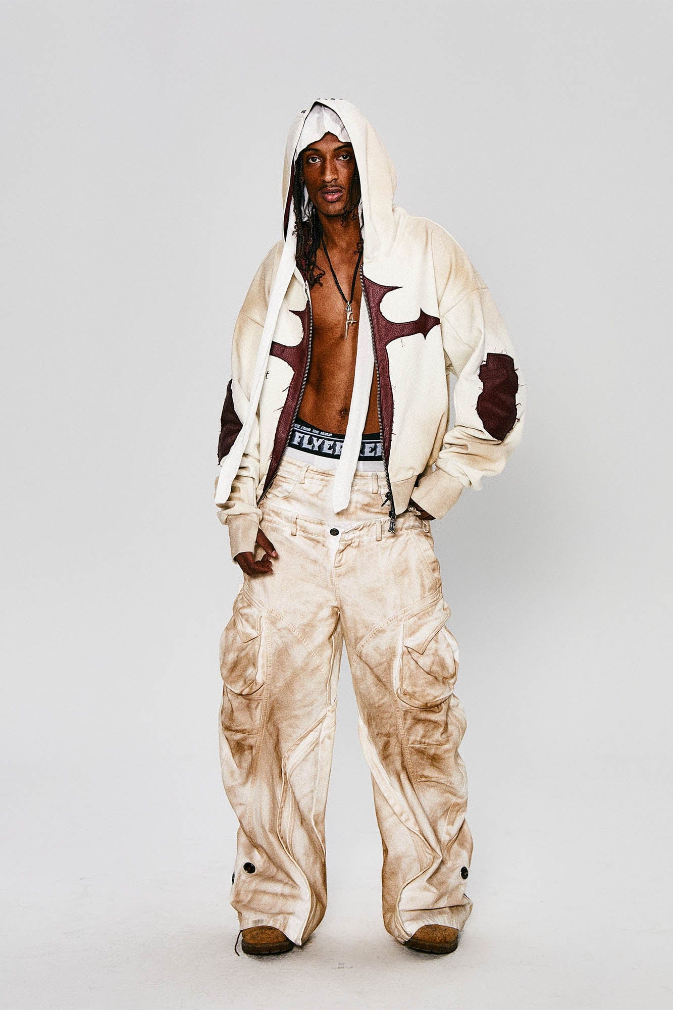 FLYERRER Distressed Cross Patch Studded Hooded Jacket, premium urban and streetwear designers apparel on PROJECTISR.com, FLYERRER