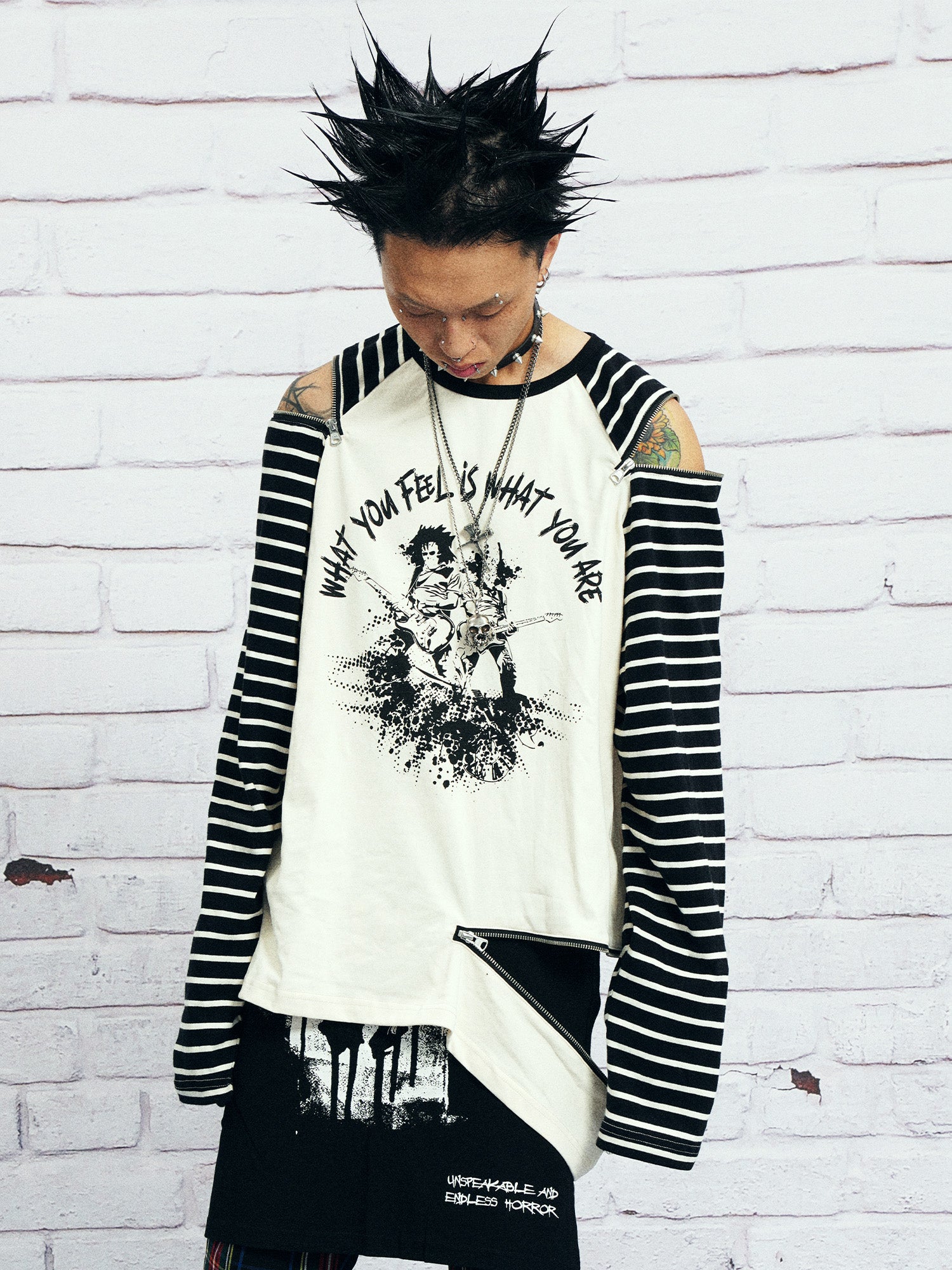 VENTUREK Punk Graphic Multi-Zip Striped Raglan Long-Sleeve Tee, premium urban and streetwear designers apparel on PROJECTISR.com, VENTUREK
