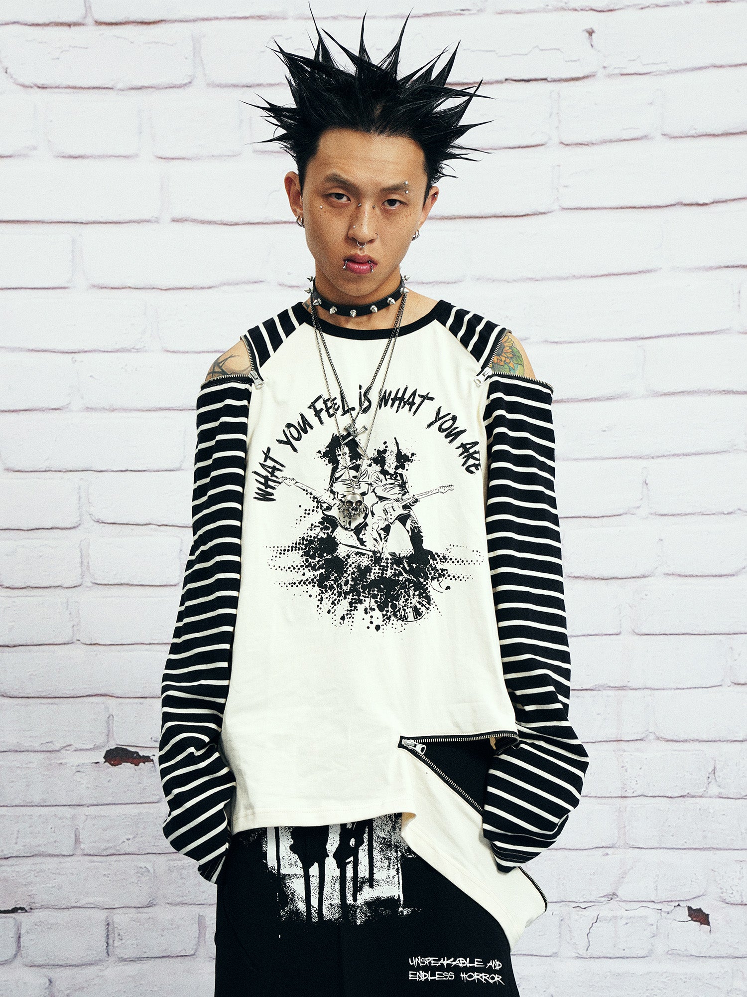 VENTUREK Punk Graphic Multi-Zip Striped Raglan Long-Sleeve Tee, premium urban and streetwear designers apparel on PROJECTISR.com, VENTUREK
