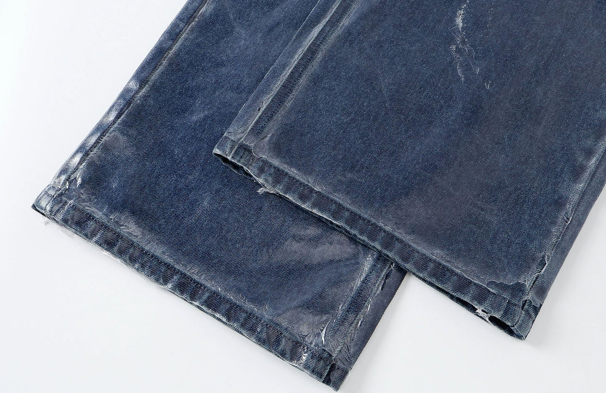 REBEL WAVE Frayed Raw-Edge Wax-Coated Flared Jeans