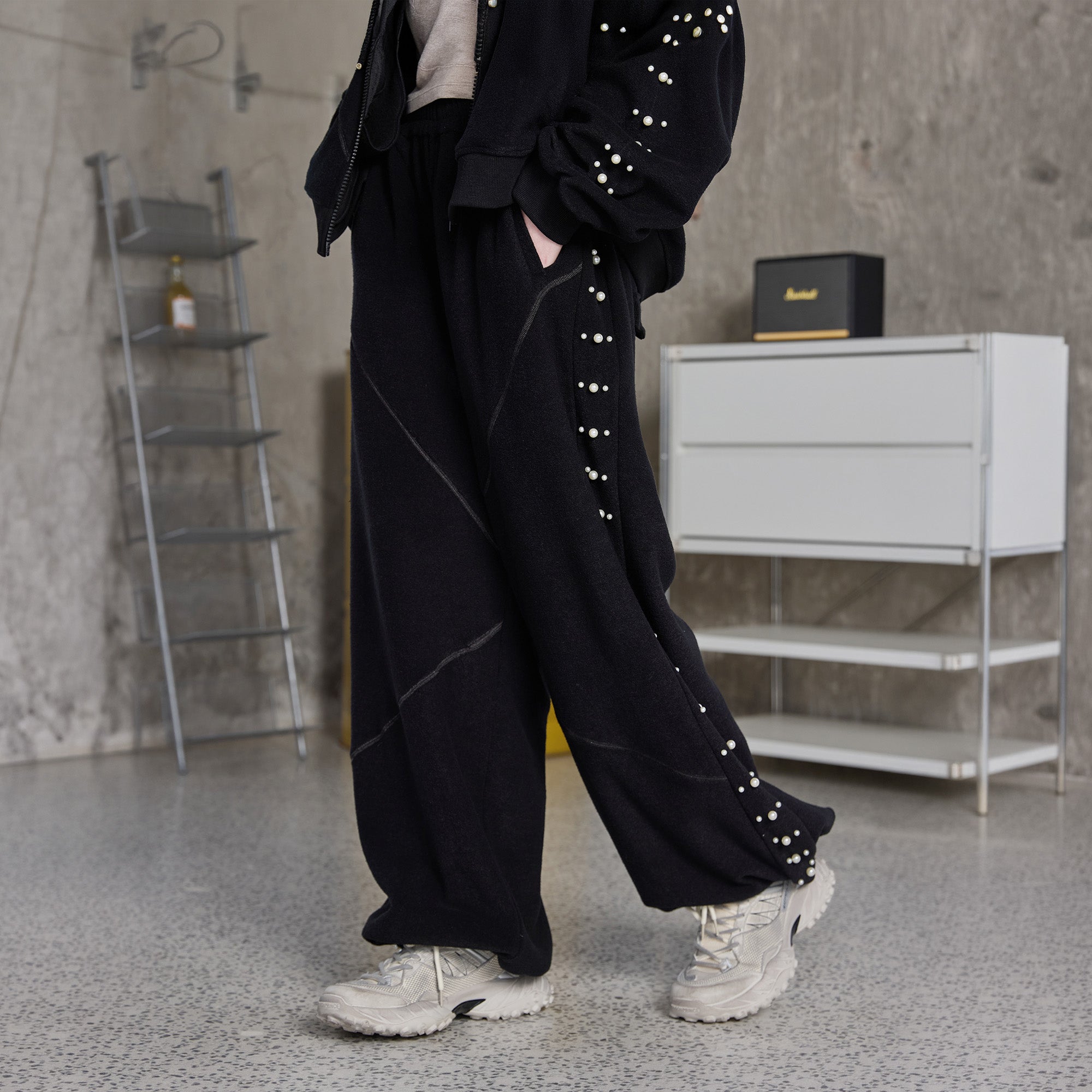 ERROR CODE ROBOT Pearl-Studded Diamond-Seam Pants, premium urban and streetwear designers apparel on PROJECTISR.com, ERROR CODE ROBOT