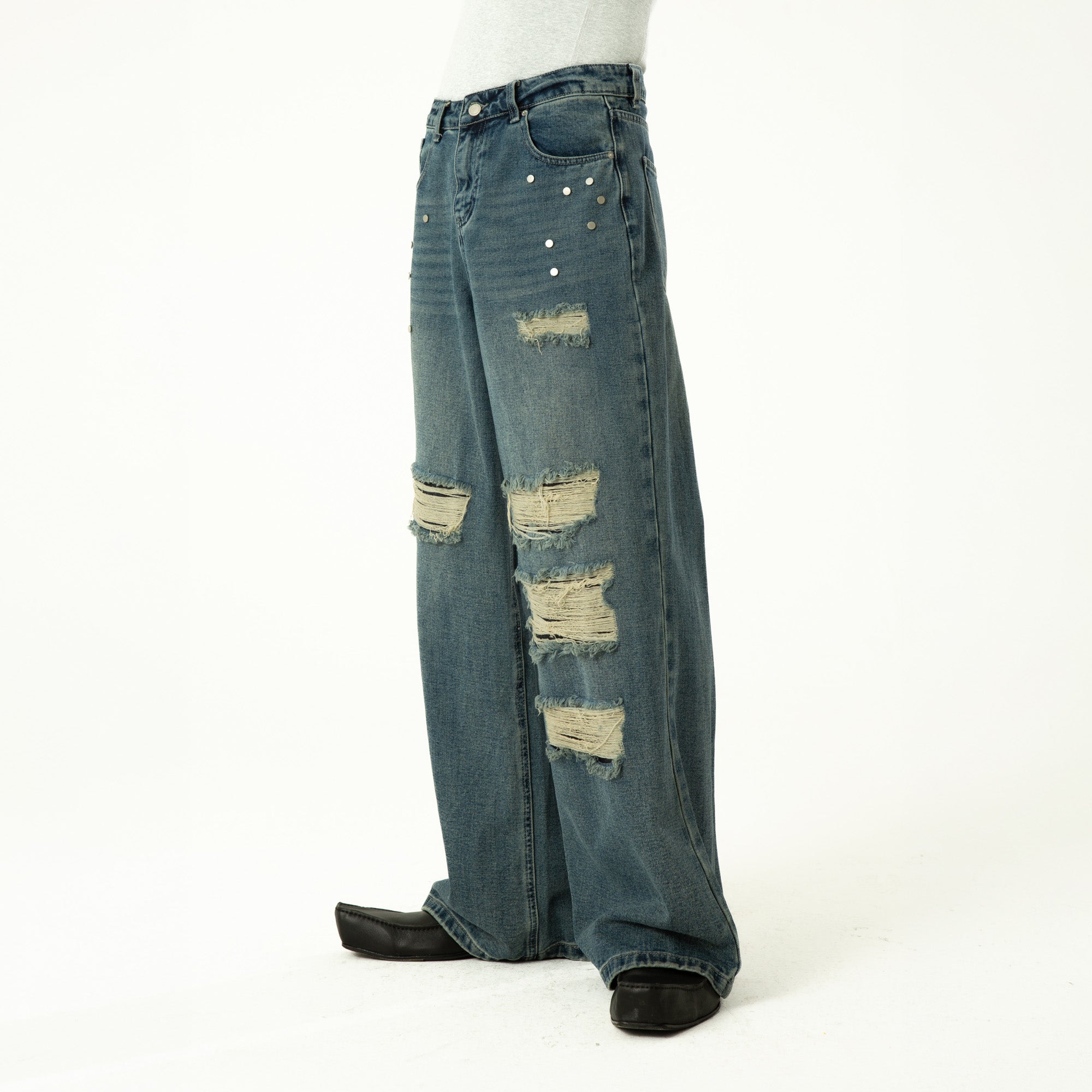 CLP Retro Washed Distressed Rivet Jeans, premium urban and streetwear designers apparel on PROJECTISR.com, CLP