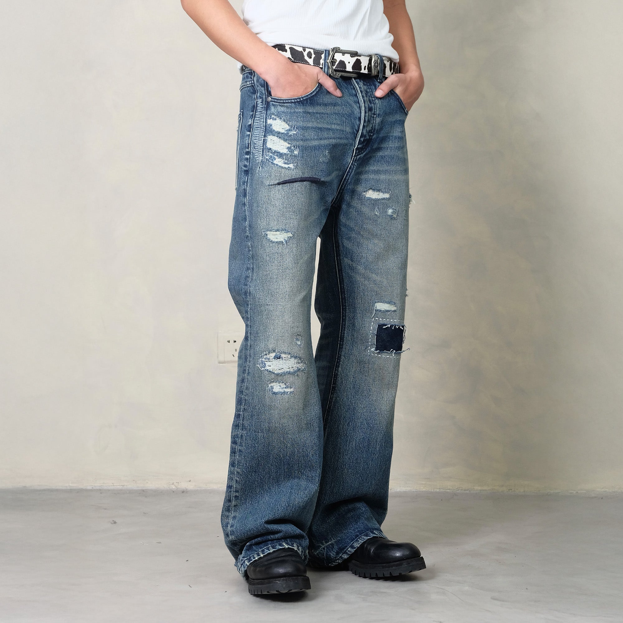 IN EXISTENCE Distressed Stitched Patch Flared Jeans