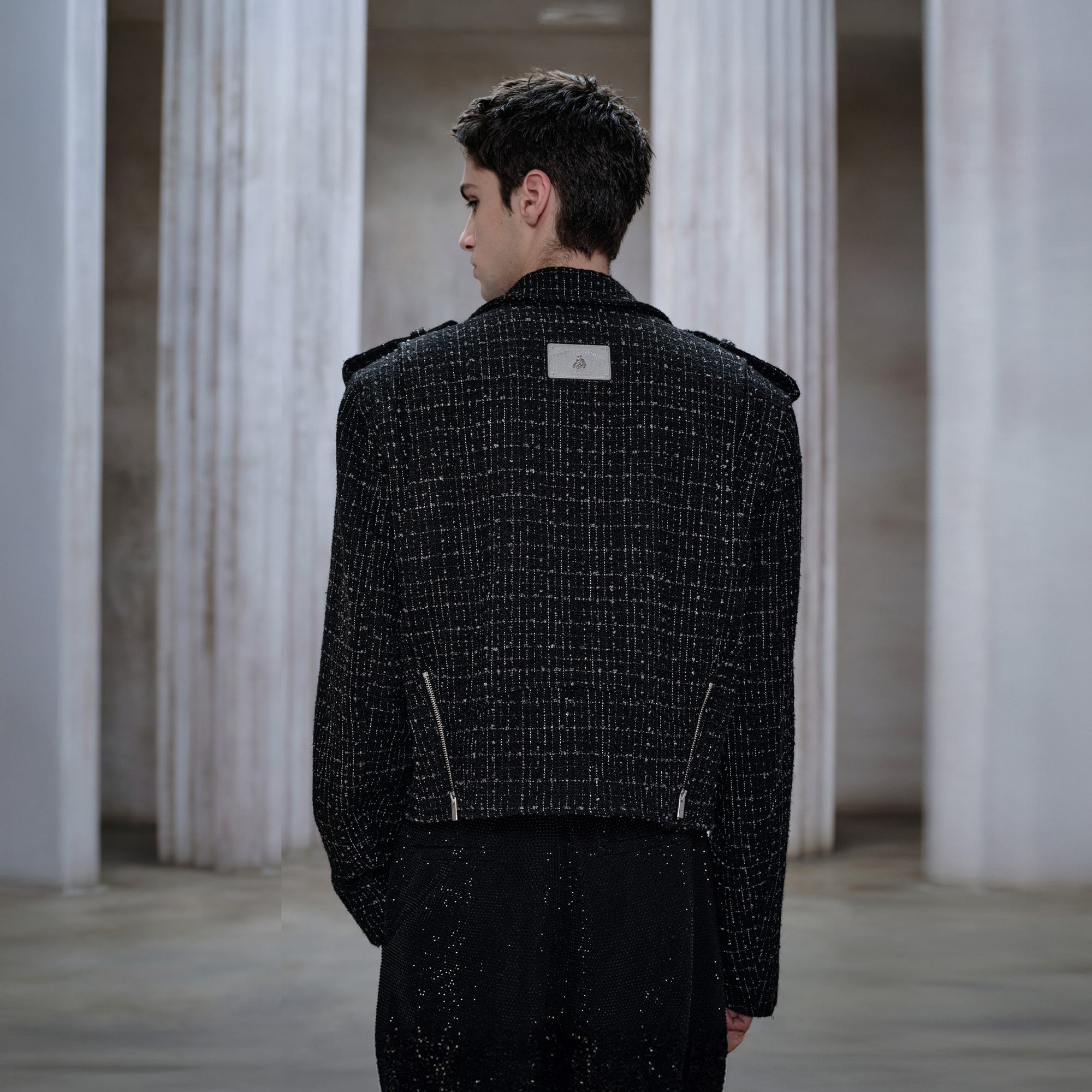 FACEONLAB Metal Badge Multi-Zip Tweed Biker Jacket
