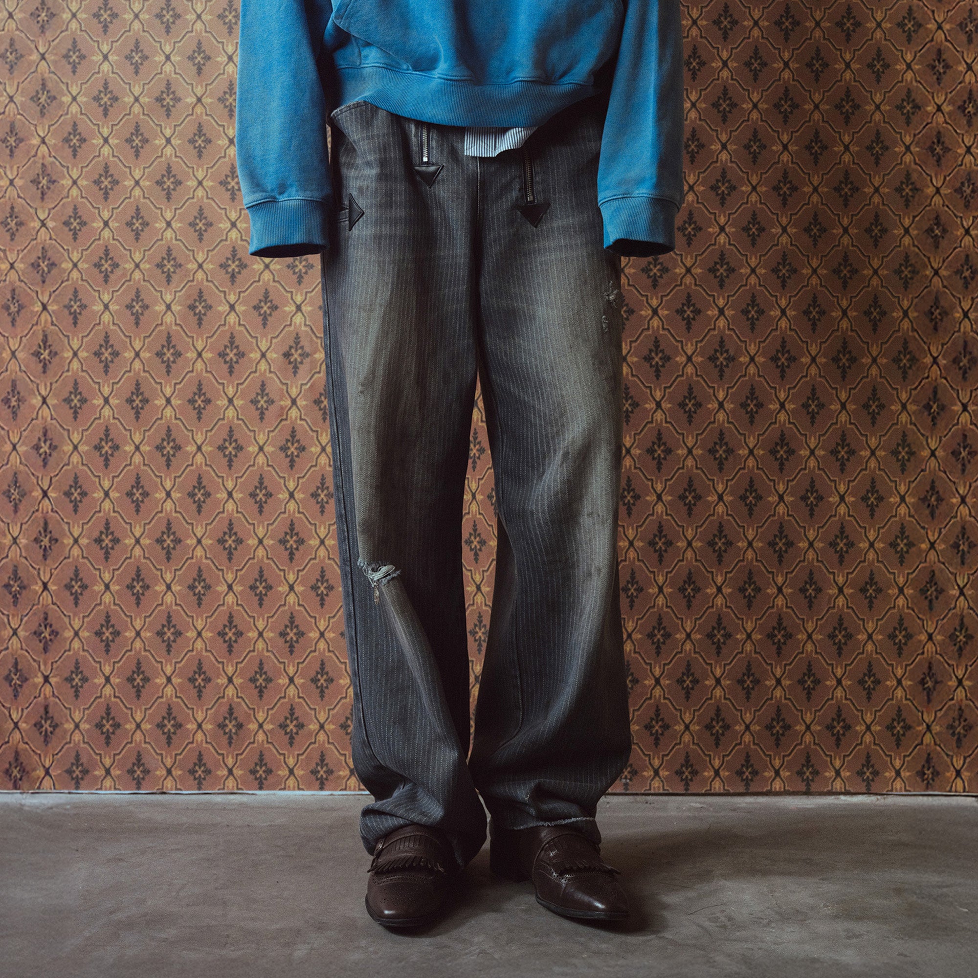 RICHILL Distressed Pinstriped Embroidered Jeans, premium urban and streetwear designers apparel on PROJECTISR.com, RICHILL