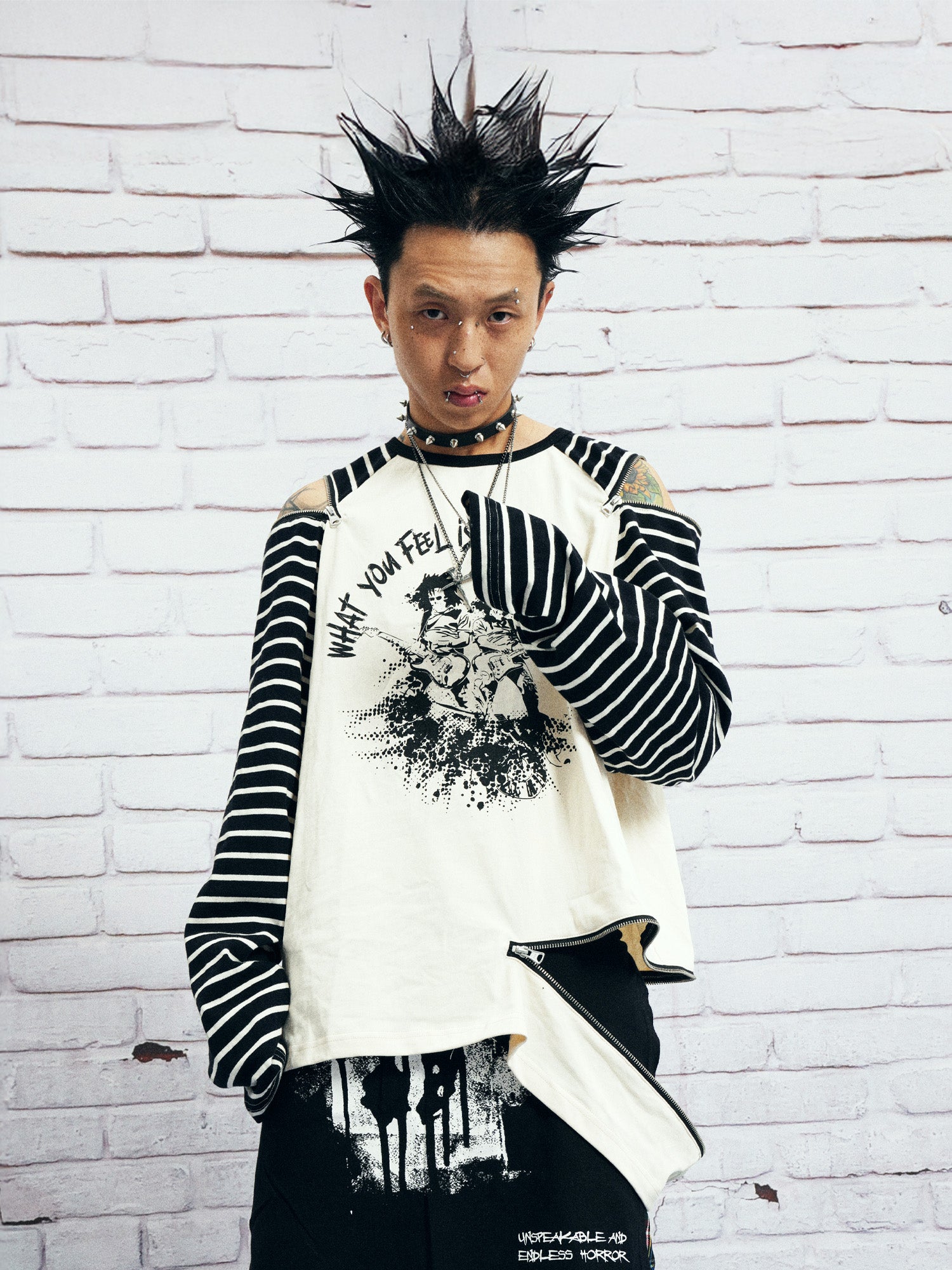 VENTUREK Punk Graphic Multi-Zip Striped Raglan Long-Sleeve Tee, premium urban and streetwear designers apparel on PROJECTISR.com, VENTUREK