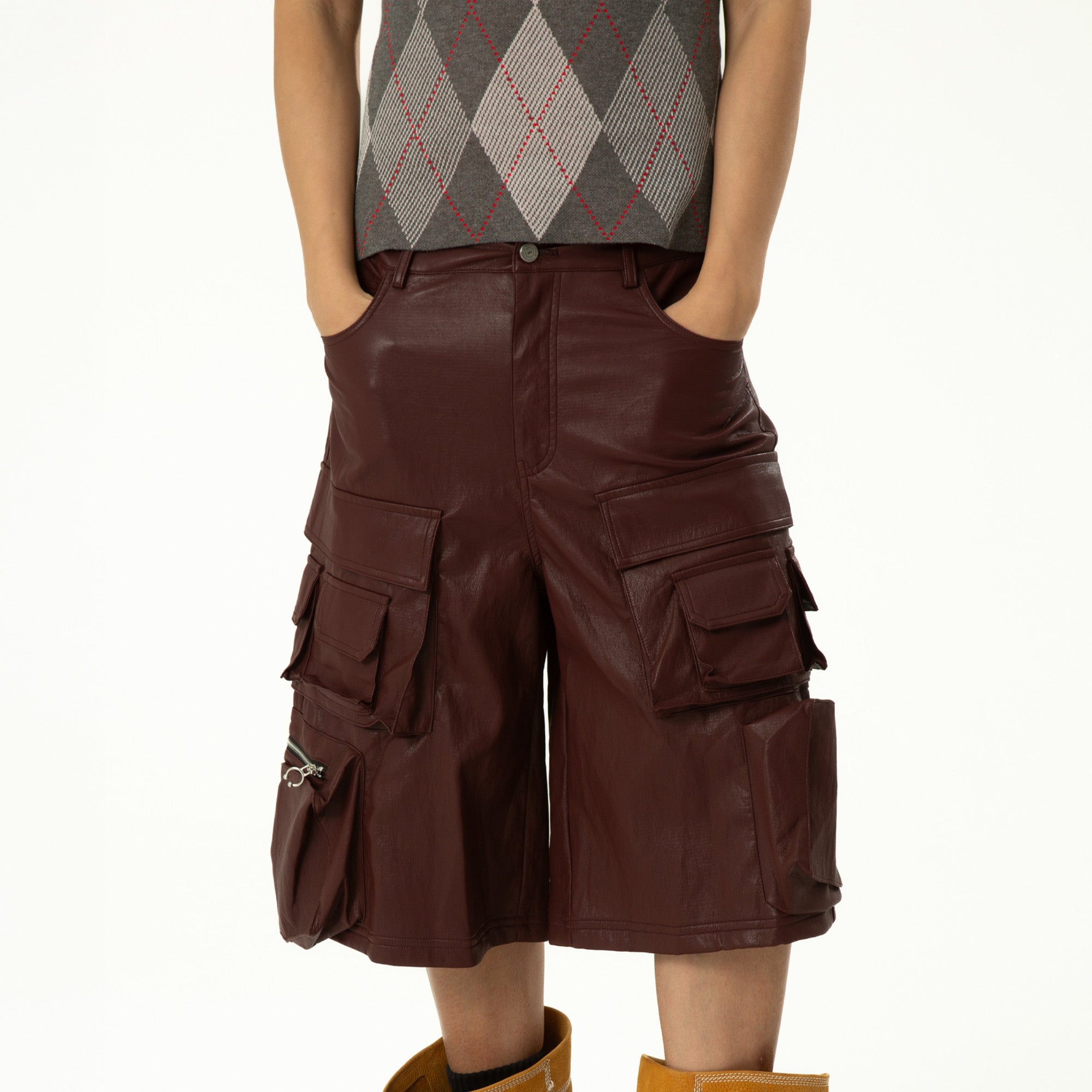 CLP Punk Faux Leather Multi-Pocket Cargo Shorts, premium urban and streetwear designers apparel on PROJECTISR.com, CLP