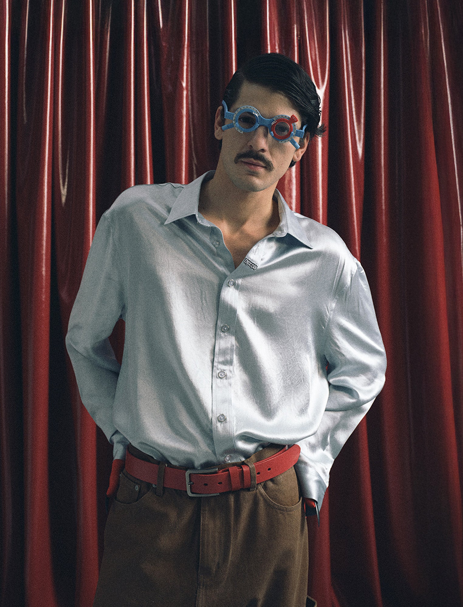 TRECLUB Glossy Embroidered-Placket Drapey Shirt