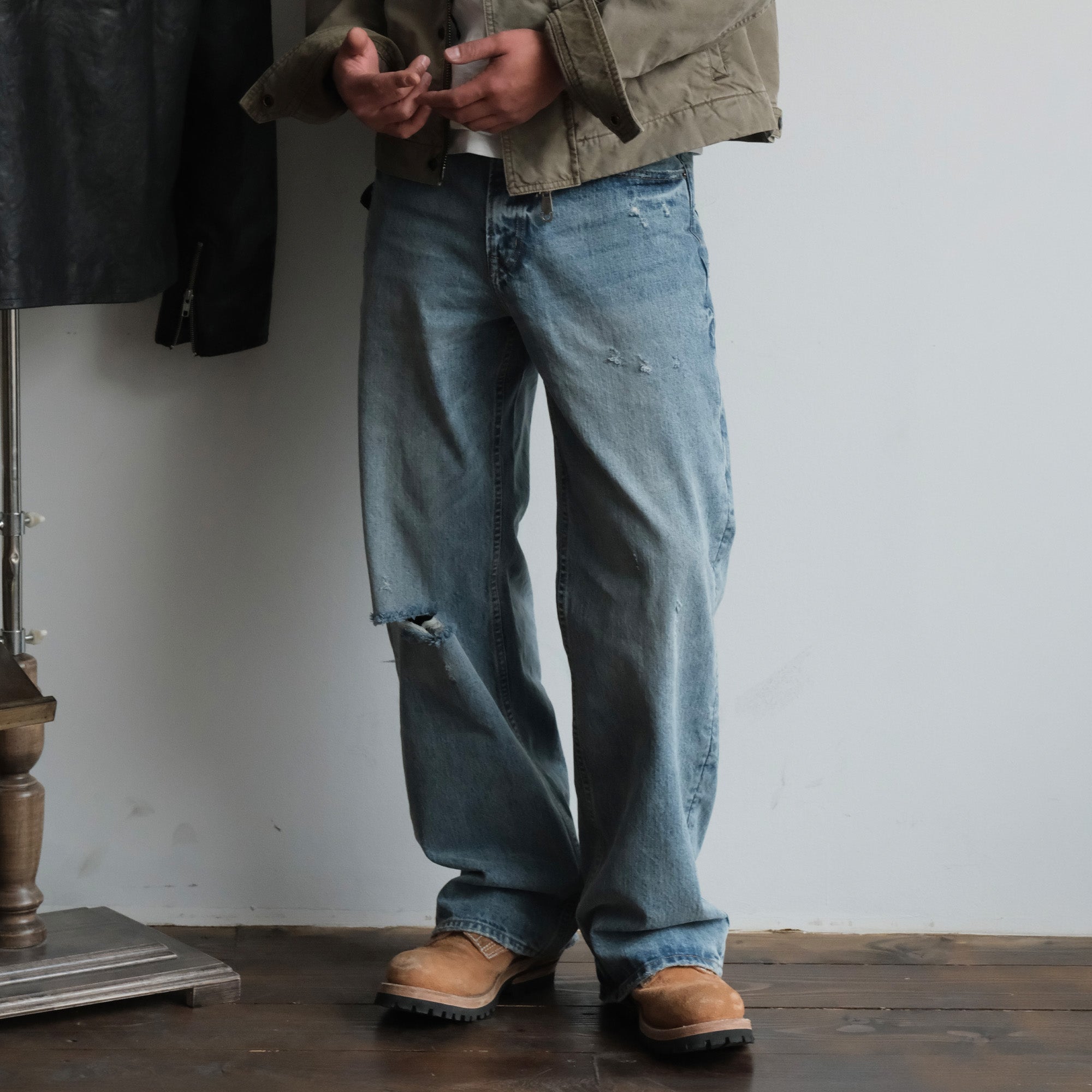 NEIGBORL Washed Distressed Straight-Leg Jeans, premium urban and streetwear designers apparel on PROJECTISR.com, NEIGBORL