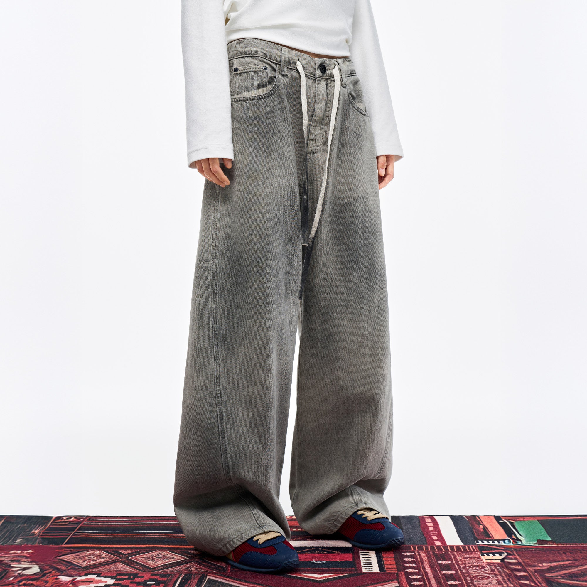 OVERLAPS Washed Drawstring Wide-Leg Jeans, premium urban and streetwear designers apparel on PROJECTISR.com, OVERLAPS