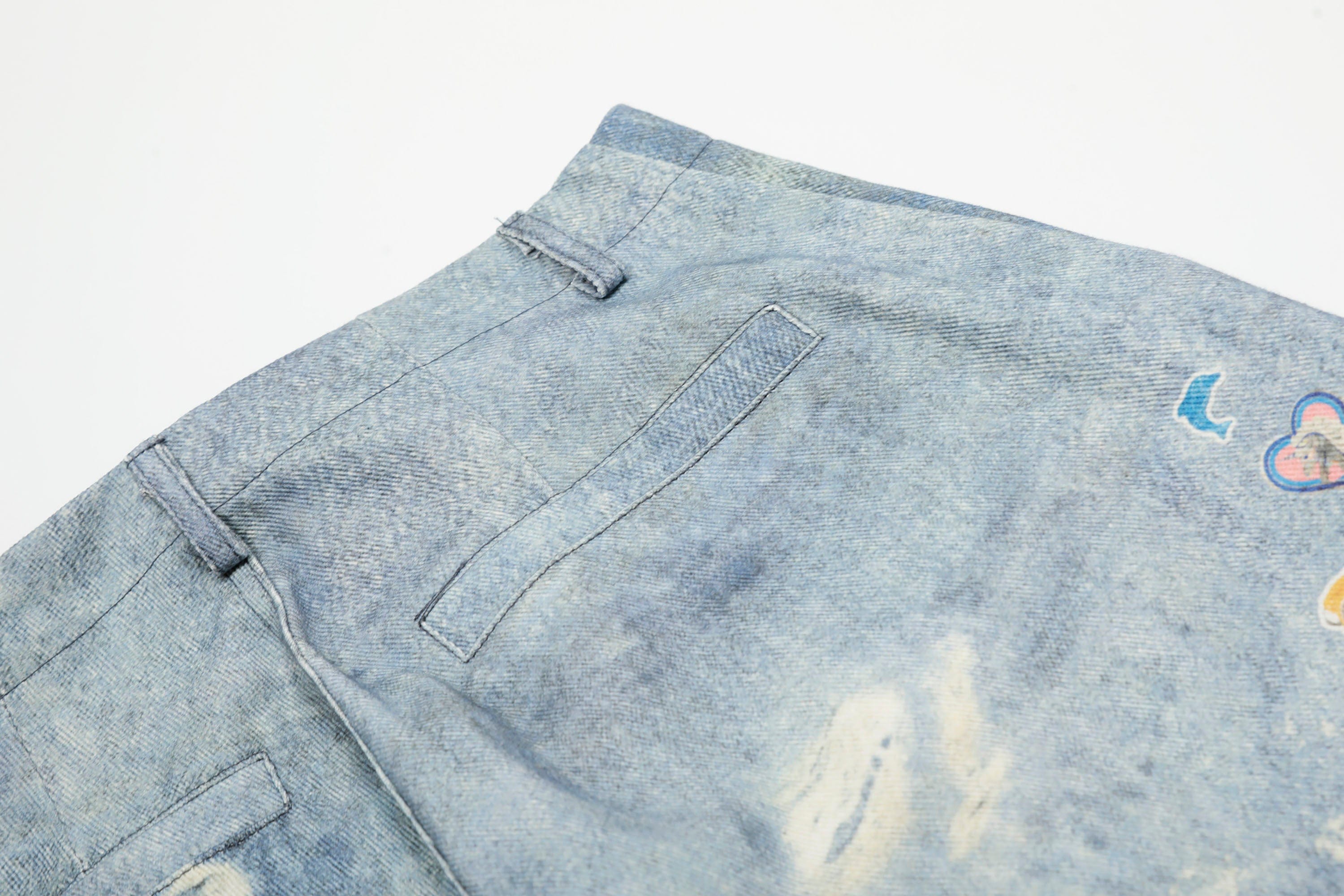 CLP Whimsical Distressed Stickers Cargo Denim Shorts, premium urban and streetwear designers apparel on PROJECTISR.com, CLP