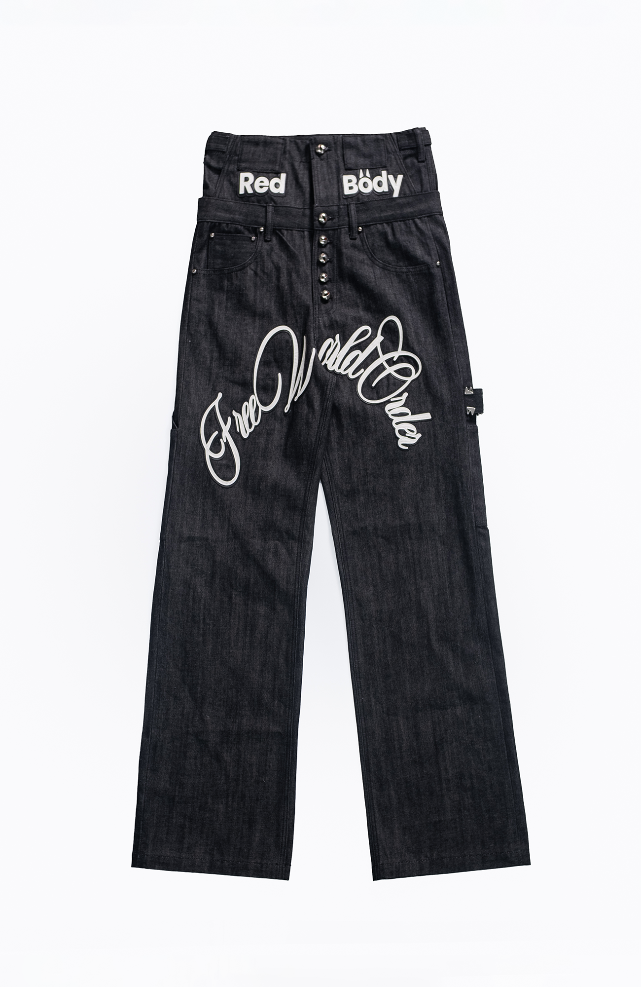 FVVO Layered-Waist Patterned Studded Jeans