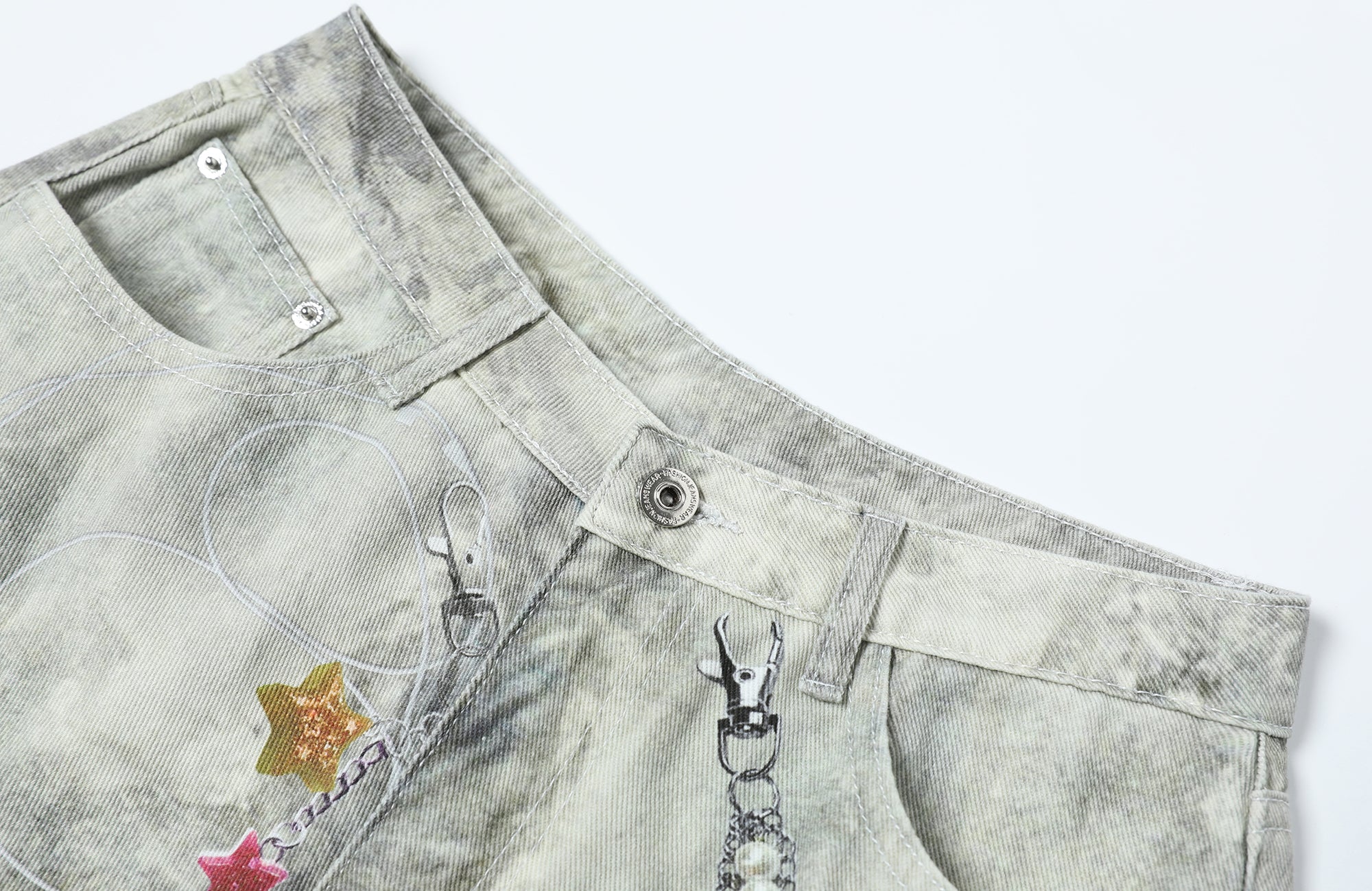 TGNS Distressed Chain Graphic Oversized Jorts