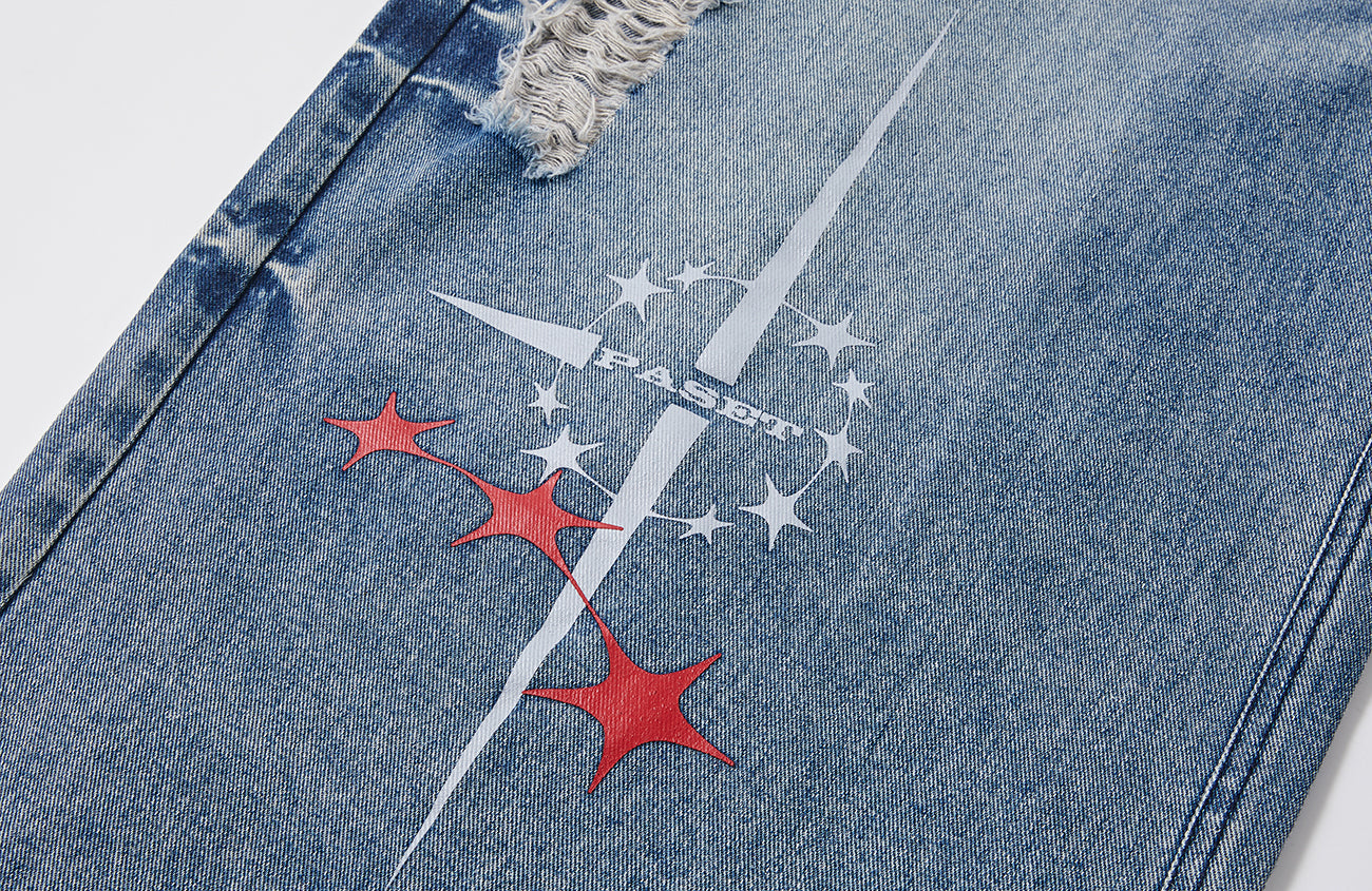 PASET Double Waist Camo Panel Distressed Jeans