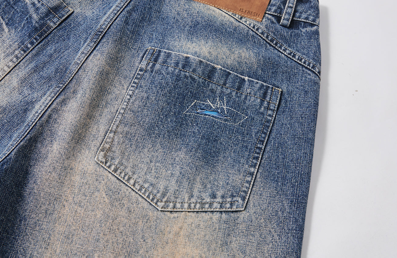 PASET Plaid Patch Distressed Wide-Leg Jeans