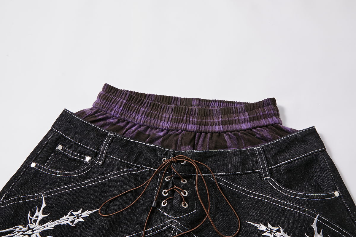 PASET Embroidered Spliced Tie Detail Slim Jeans