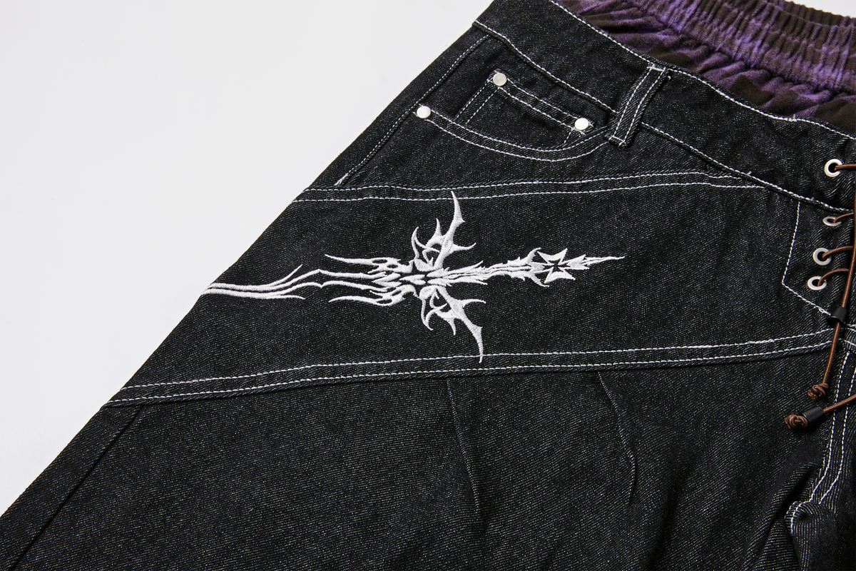 PASET Embroidered Spliced Tie Detail Slim Jeans