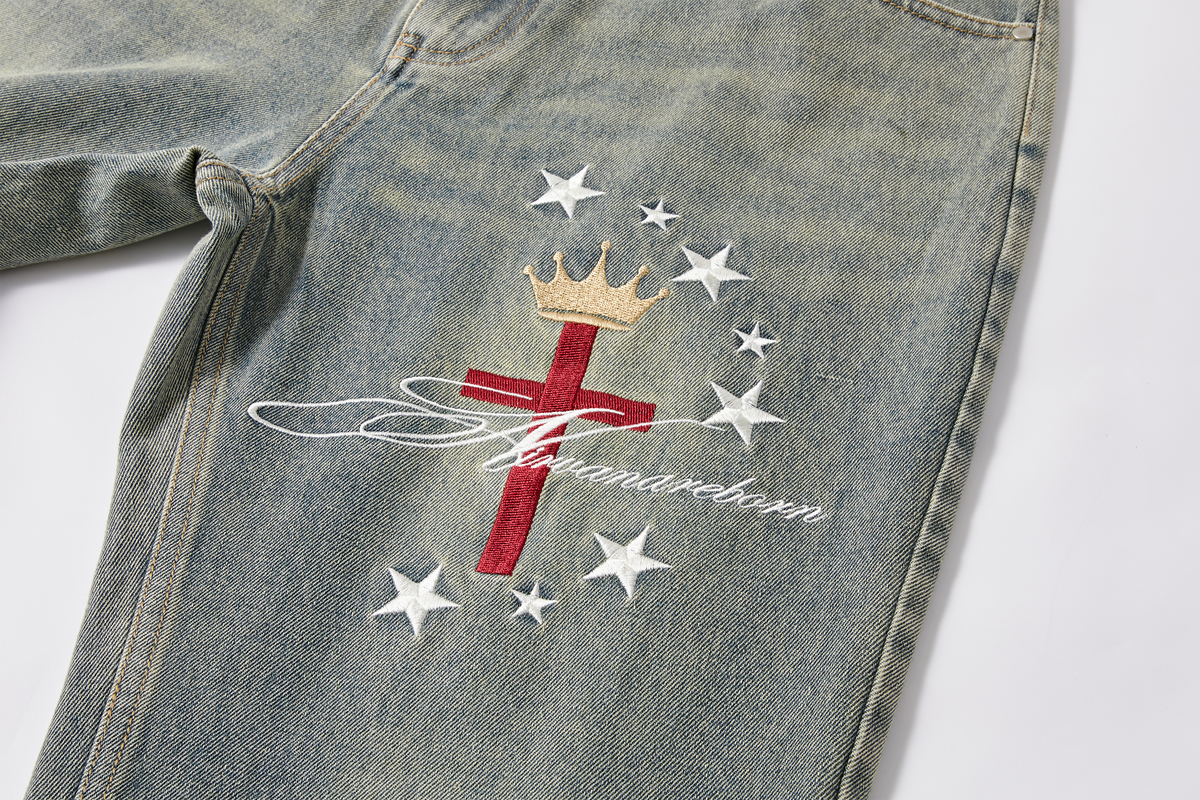 PASET Retro Washed Distressed Embroidered Jeans