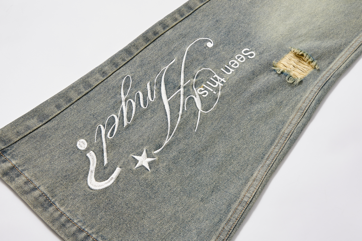 PASET Retro Washed Distressed Embroidered Jeans