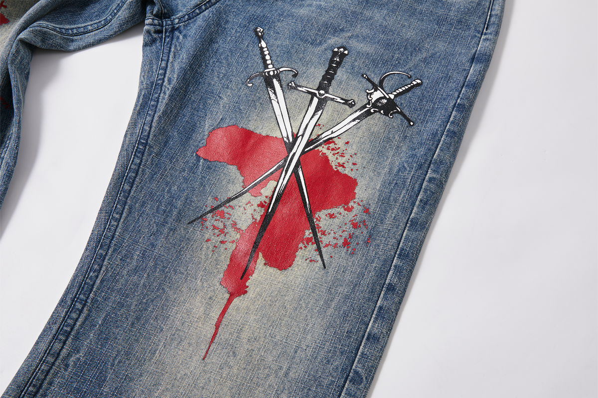 PASET Retro Washed Graphic Flared Jeans