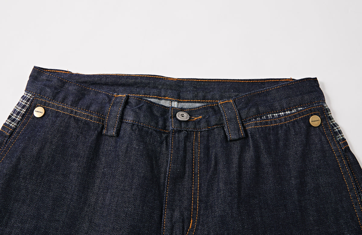 FMACM Plaid Spliced Raw-Hem Straight-Leg Jeans