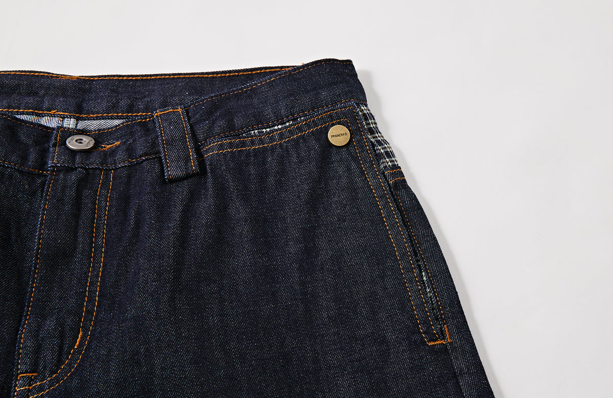 FMACM Plaid Spliced Raw-Hem Straight-Leg Jeans
