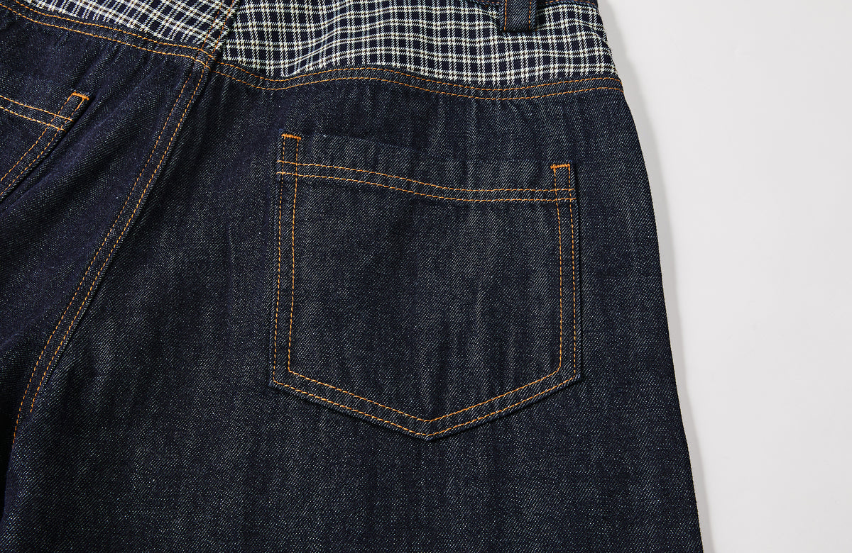 FMACM Plaid Spliced Raw-Hem Straight-Leg Jeans