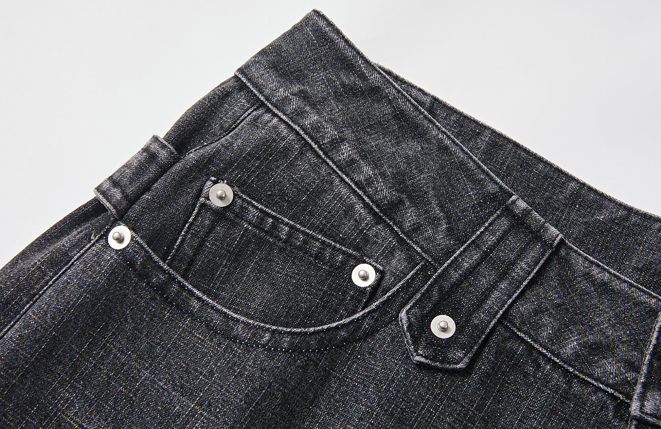 PASET Plaid Patch Distressed Back Buckle Jeans