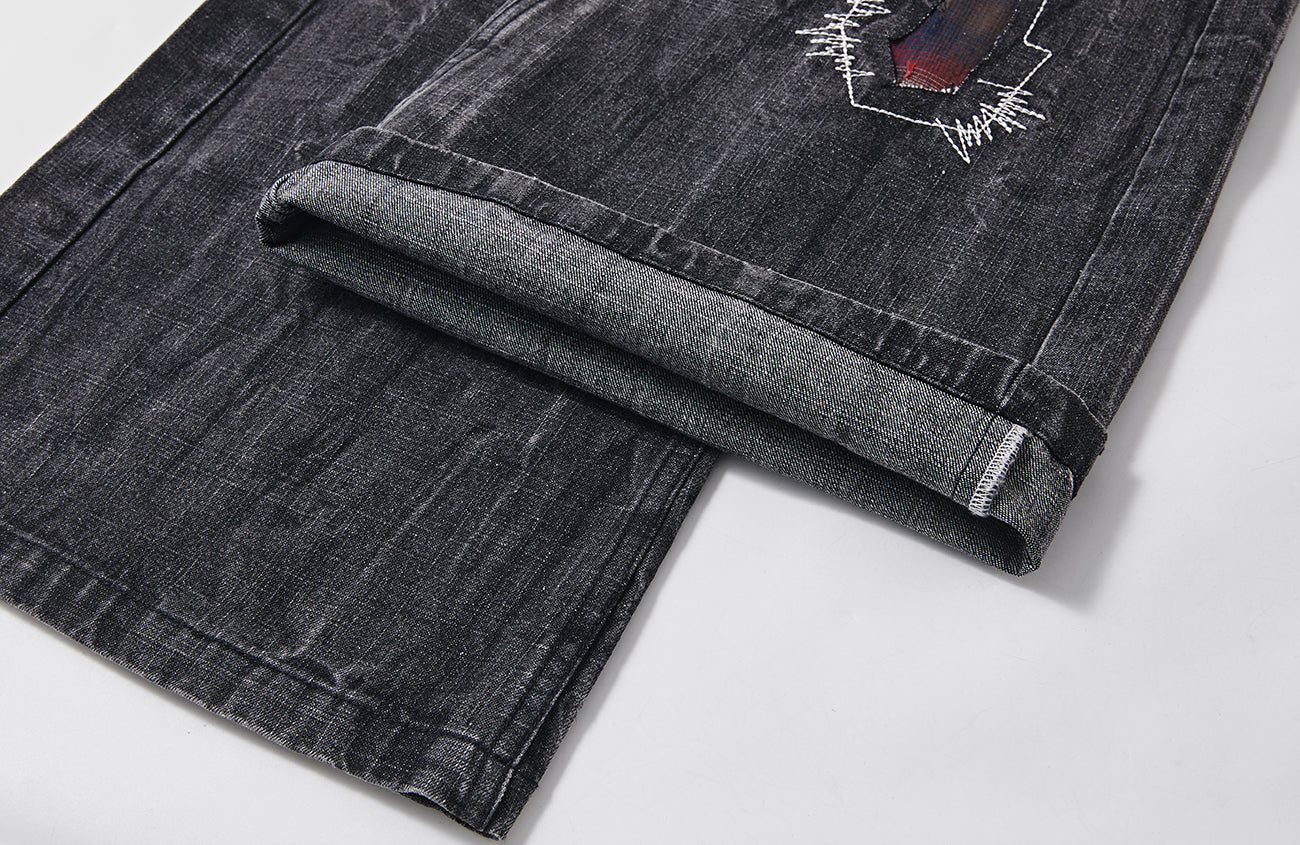PASET Plaid Patch Distressed Back Buckle Jeans