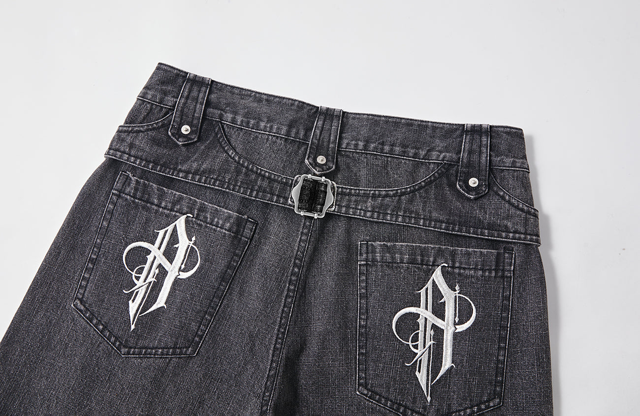 PASET Plaid Patch Distressed Back Buckle Jeans