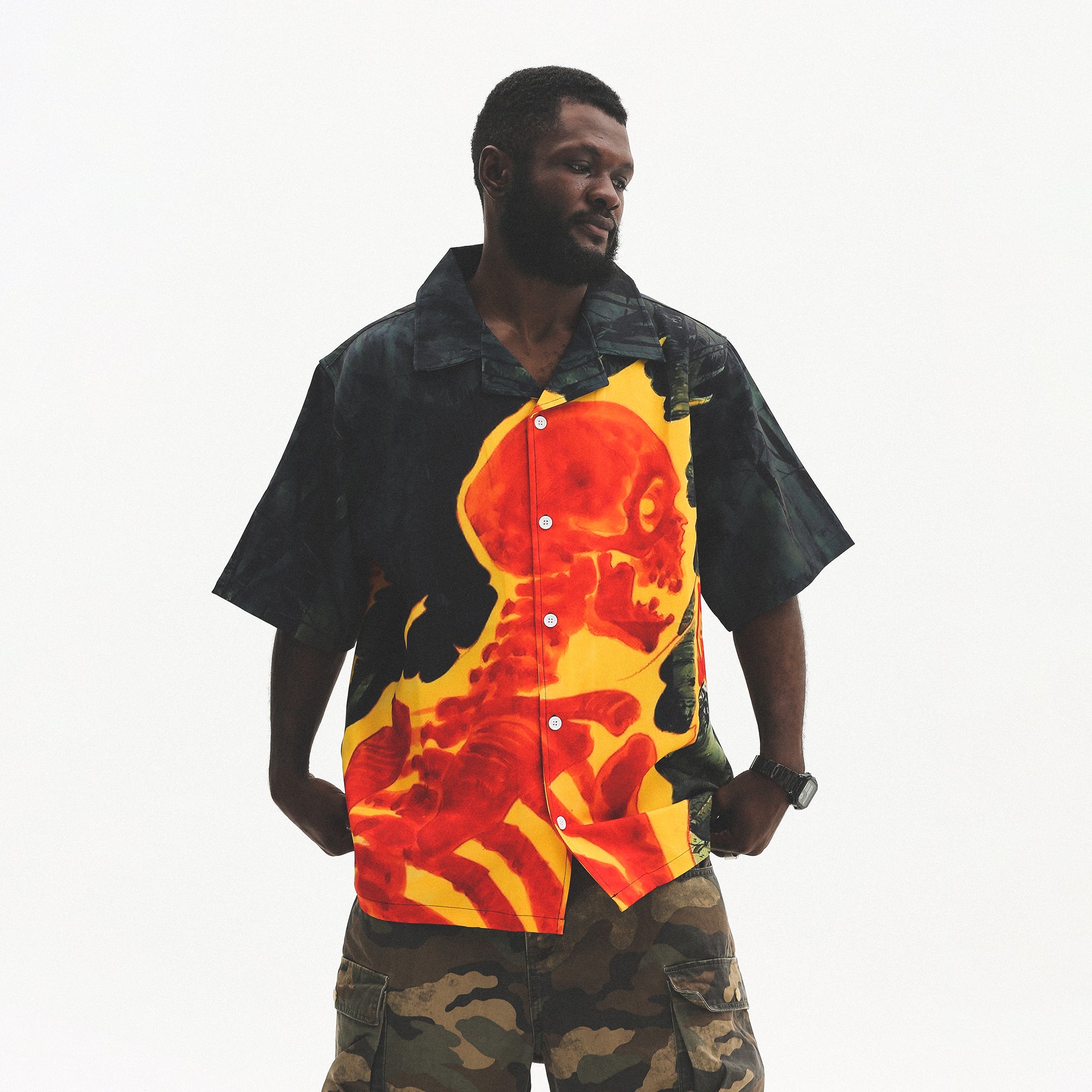 UNTILWERICH Flame Skeleton Graphic Half Shirt