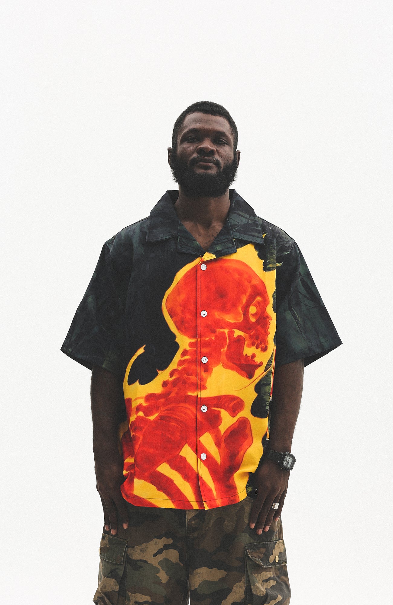 UNTILWERICH Flame Skeleton Graphic Half Shirt