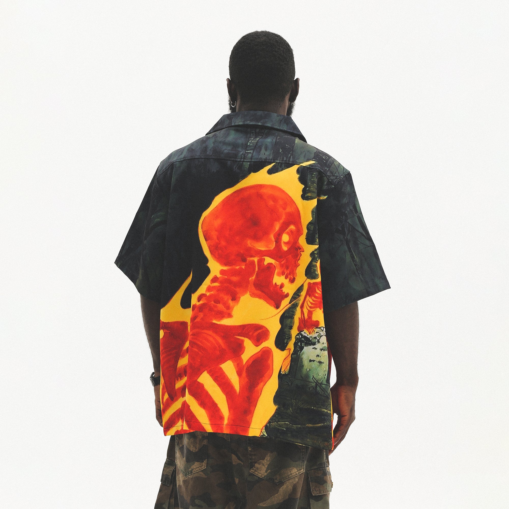UNTILWERICH Flame Skeleton Graphic Half Shirt
