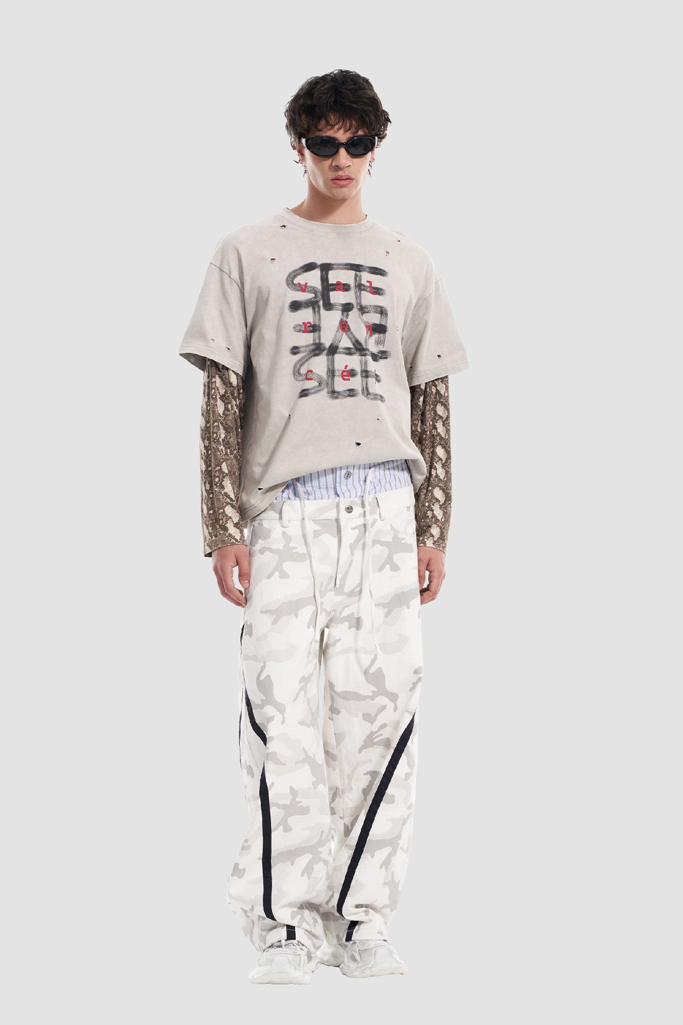 VANN VALRENCE Camo Double-Waist Wide-Leg Pants