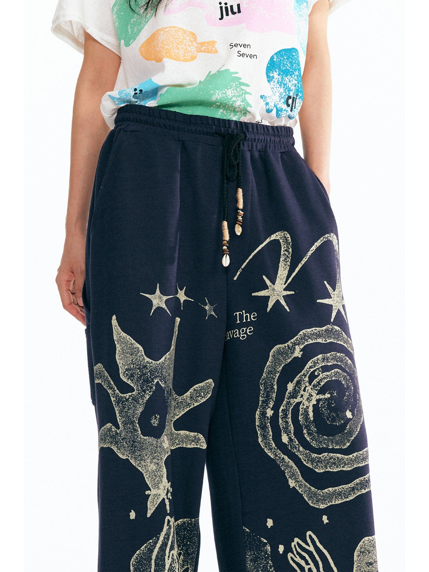 1997 POSTOFFICE Tribal Spiral Beaded Drawstring Sweatpants, premium urban and streetwear designers apparel on PROJECTISR.com, 1997 POSTOFFICE