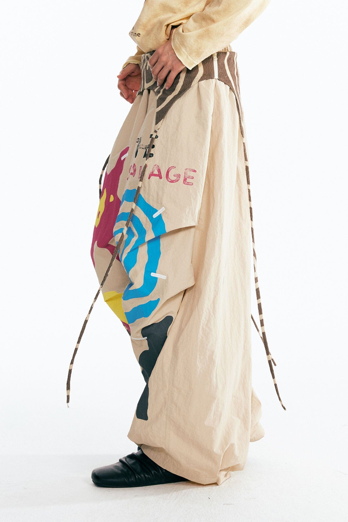 1997 POSTOFFICE Tribal Spiral Waist-Panel Parachute Pants, premium urban and streetwear designers apparel on PROJECTISR.com, 1997 POSTOFFICE