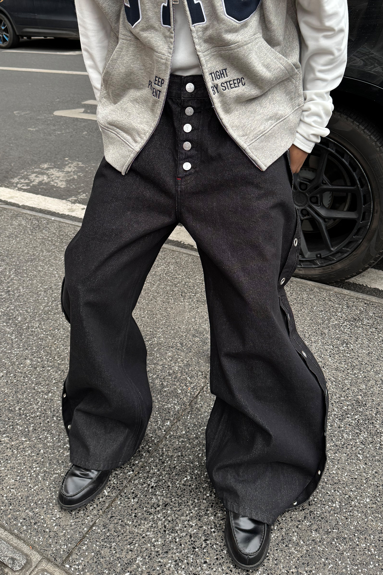 STEEPC Grommet Snap-Fly Flared Raw Jeans, premium urban and streetwear designers apparel on PROJECTISR.com, STEEPC