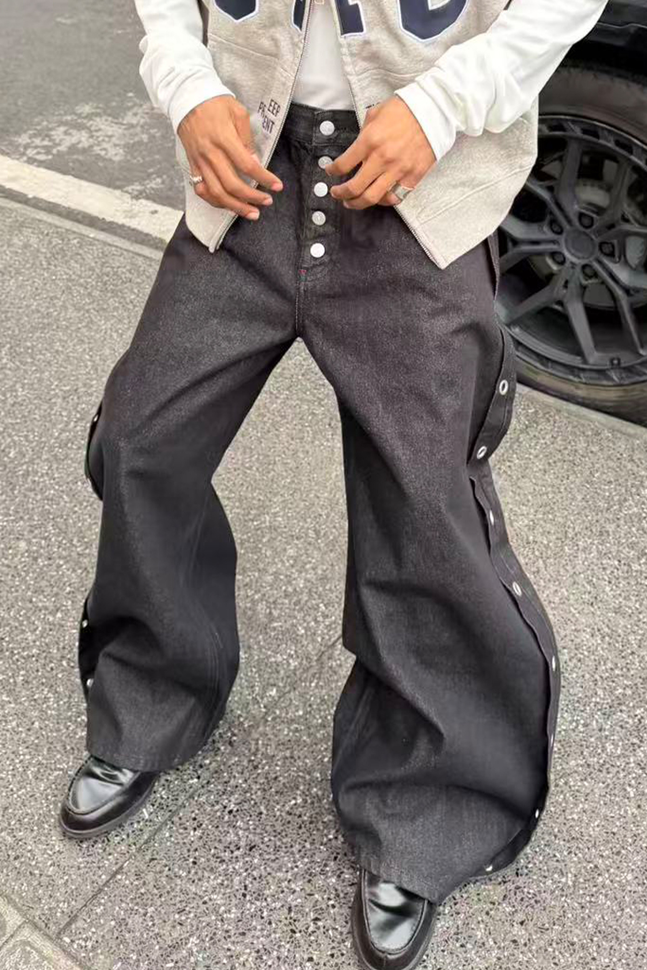 STEEPC Grommet Snap-Fly Flared Raw Jeans, premium urban and streetwear designers apparel on PROJECTISR.com, STEEPC