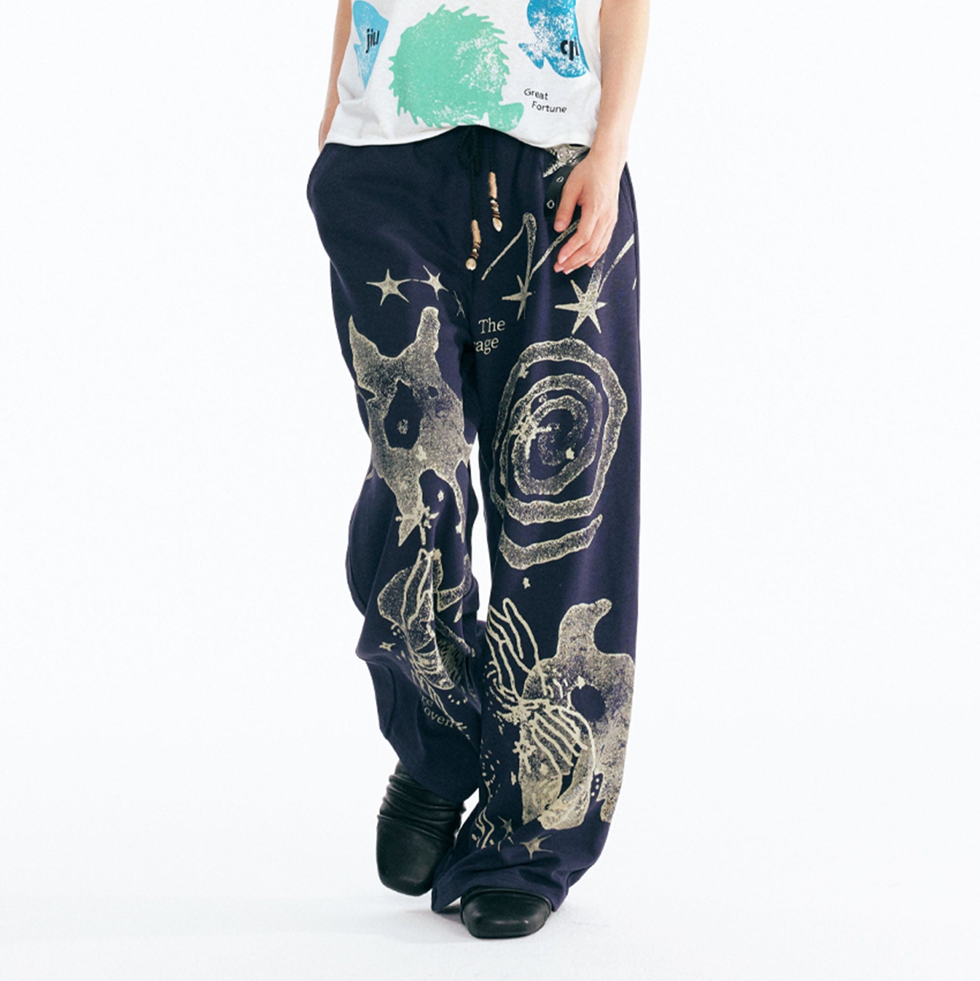 1997 POSTOFFICE Tribal Spiral Beaded Drawstring Sweatpants, premium urban and streetwear designers apparel on PROJECTISR.com, 1997 POSTOFFICE