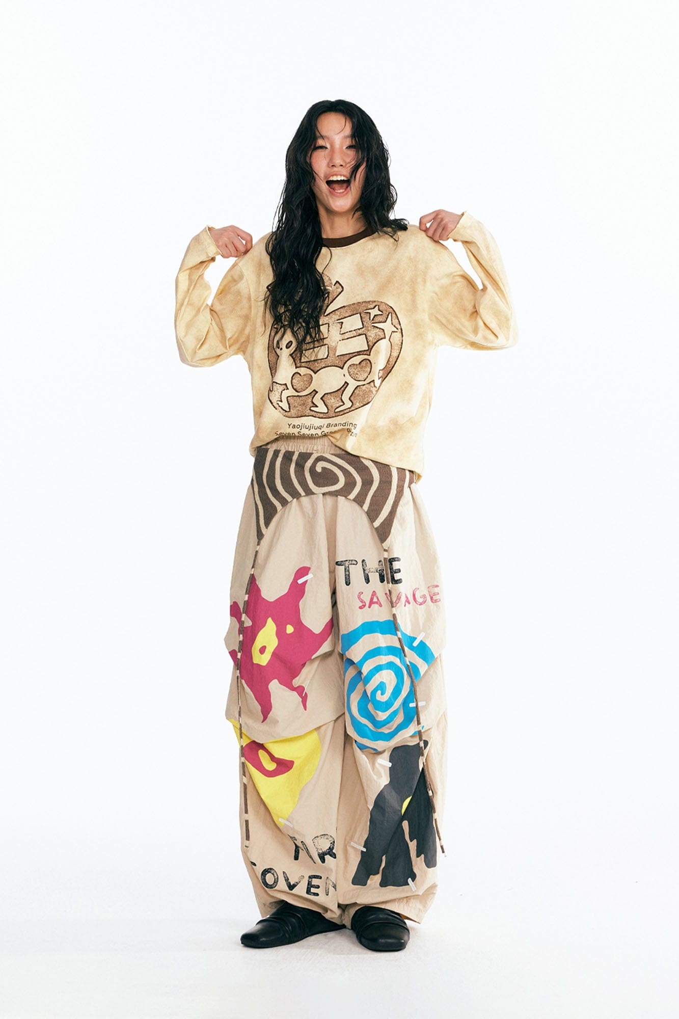 1997 POSTOFFICE Tribal Spiral Waist-Panel Parachute Pants, premium urban and streetwear designers apparel on PROJECTISR.com, 1997 POSTOFFICE