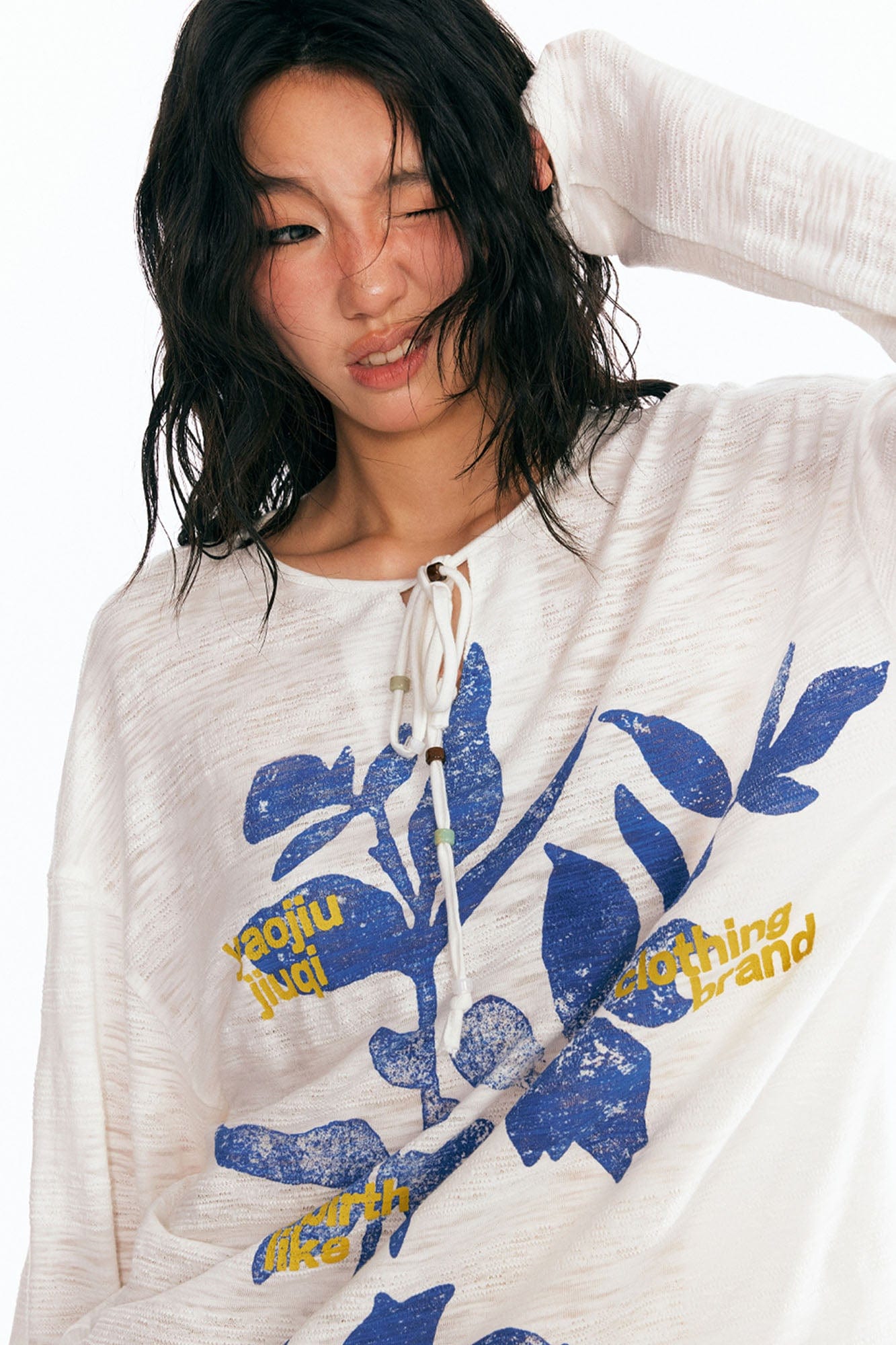1997 POSTOFFICE Sesame Leaves Drawstring Neck Long-Sleeve Tee, premium urban and streetwear designers apparel on PROJECTISR.com, 1997 POSTOFFICE