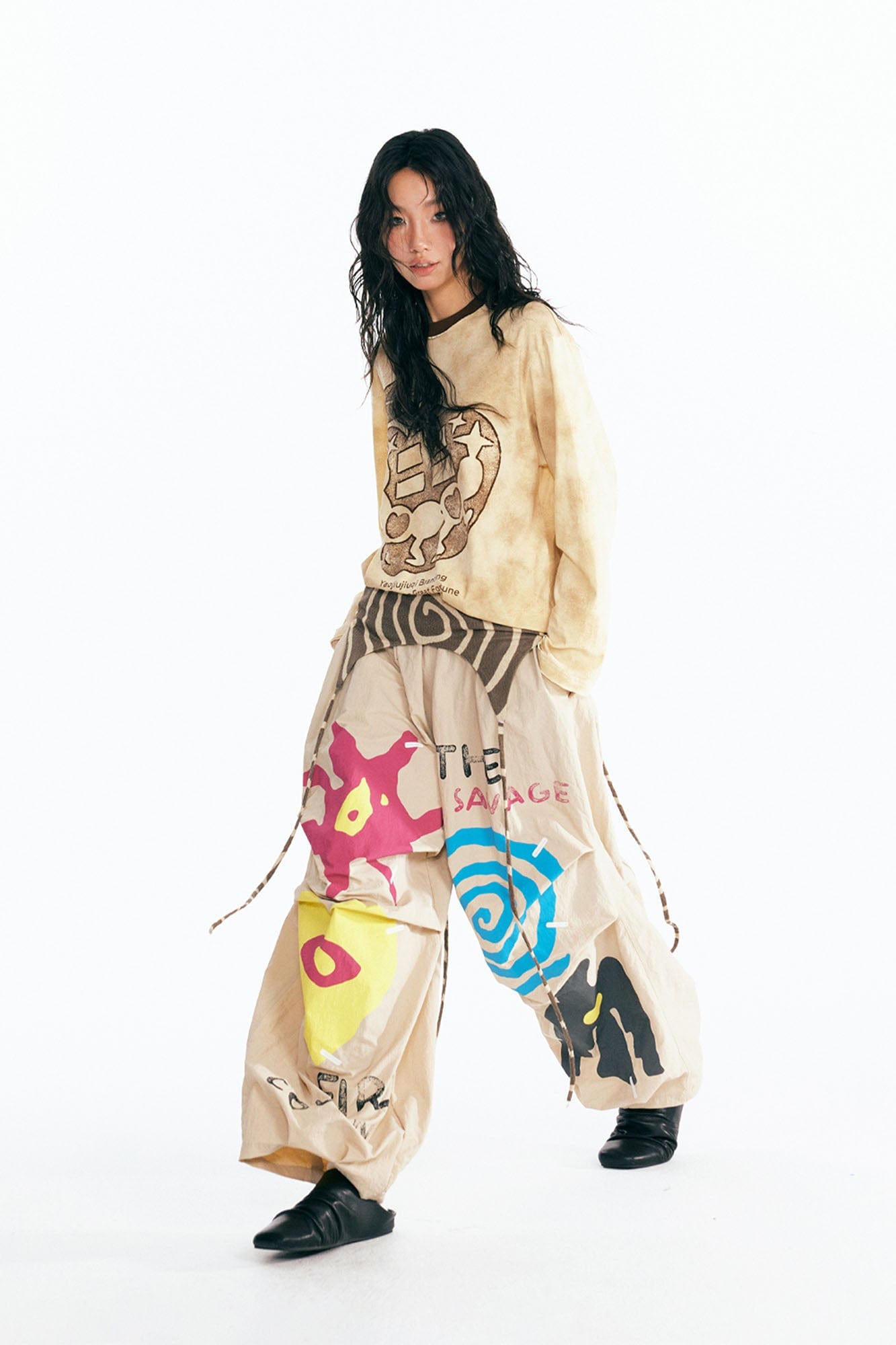 1997 POSTOFFICE Tribal Spiral Waist-Panel Parachute Pants, premium urban and streetwear designers apparel on PROJECTISR.com, 1997 POSTOFFICE