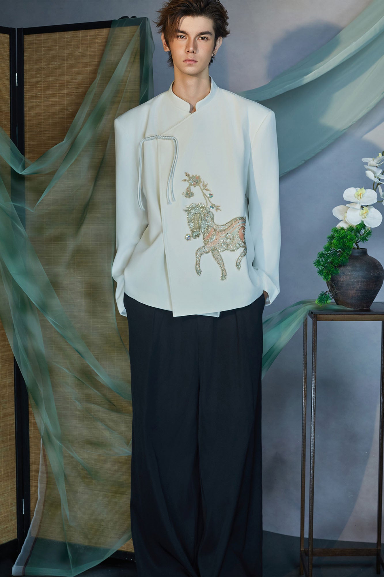 JIECHI Embroidery Horse Asymmetric Wrap Jacket, premium urban and streetwear designers apparel on PROJECTISR.com, JIECHI