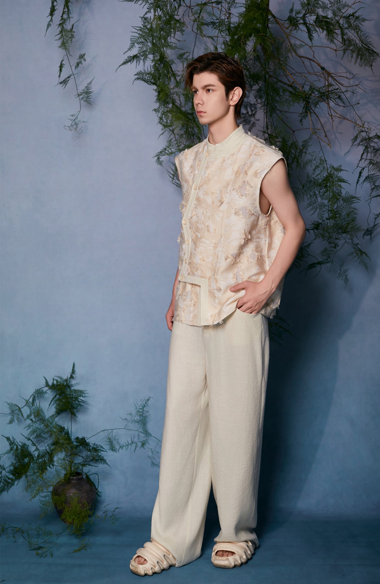 JIECHI Mandarin Collar Floral Buttoned Vest, premium urban and streetwear designers apparel on PROJECTISR.com, JIECHI