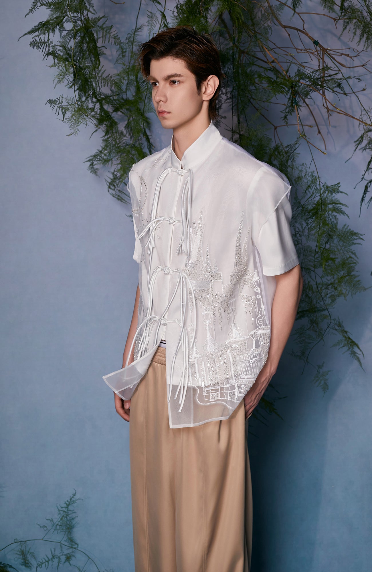 JIECHI Mandarin Embroidered Mesh Panel Half Shirt, premium urban and streetwear designers apparel on PROJECTISR.com, JIECHI