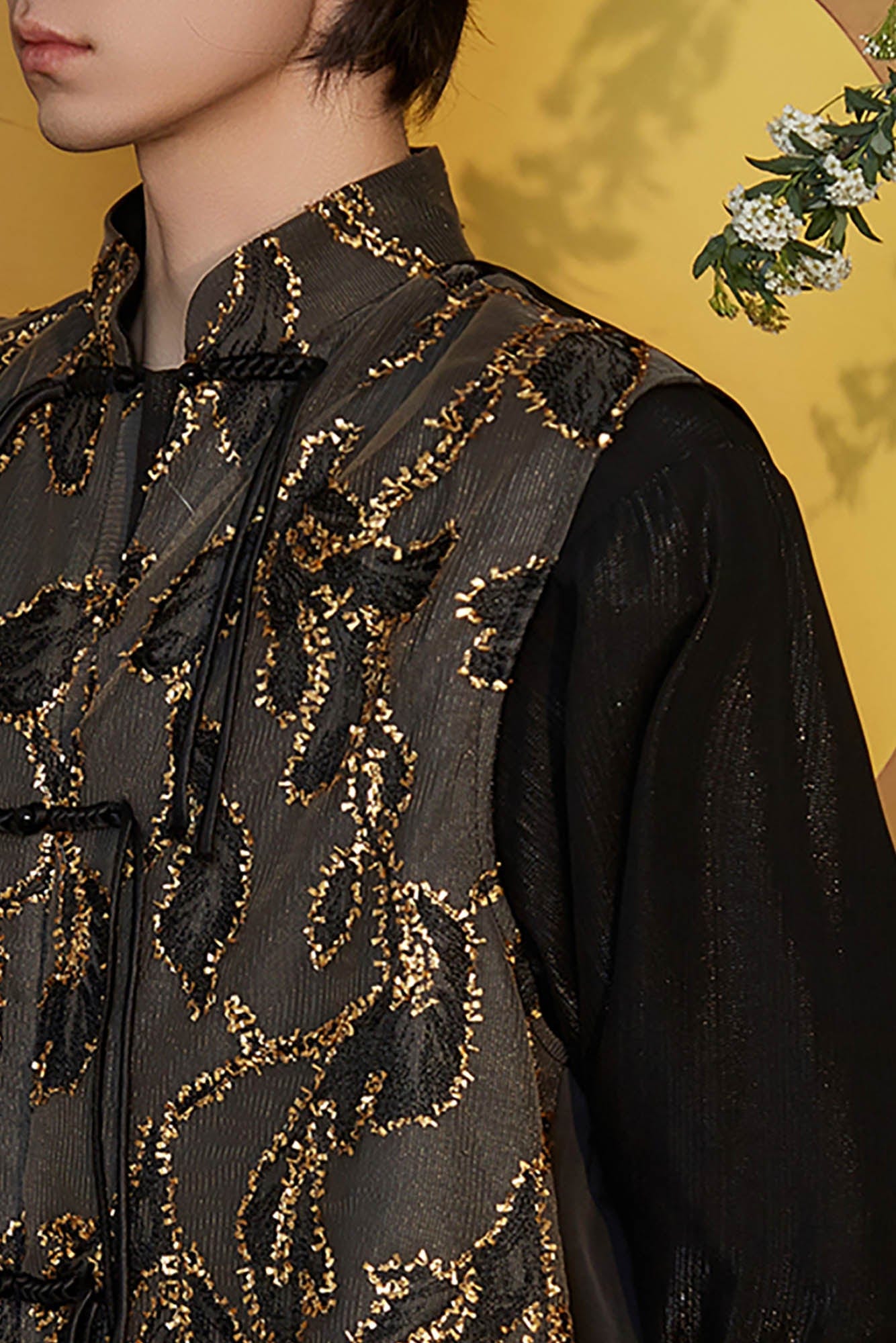 JIECHI Embroidered Metallic Jacquard Frog Button Shirt, premium urban and streetwear designers apparel on PROJECTISR.com, JIECHI