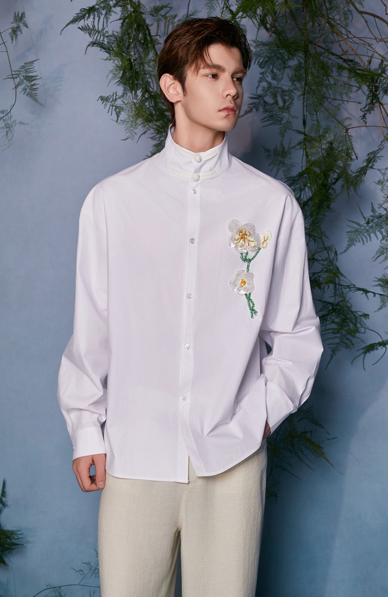 JIECHI Mandarin Collar Floral Embroidered Shirt, premium urban and streetwear designers apparel on PROJECTISR.com, JIECHI