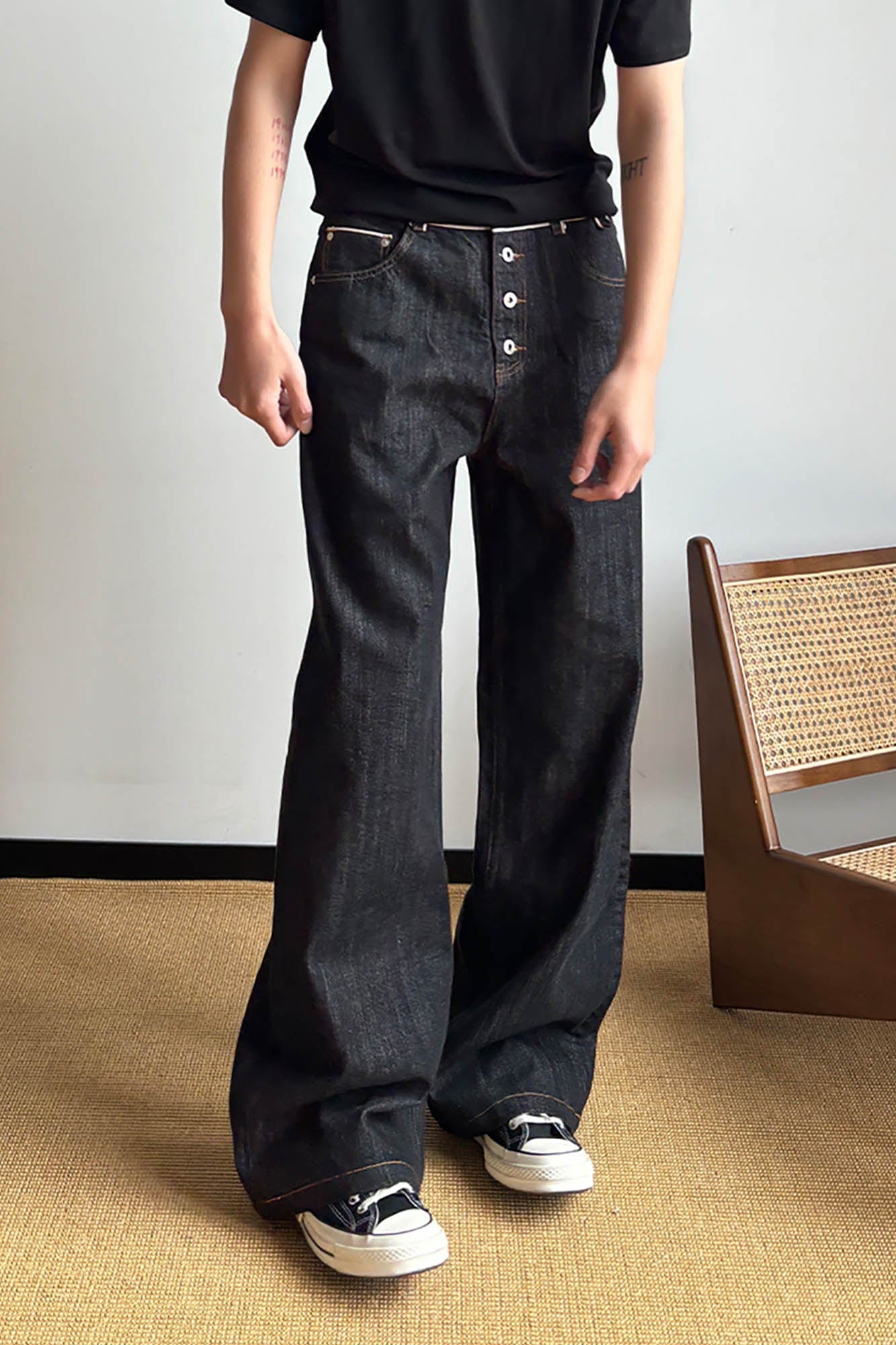 KREATE Selvage Waist Button-Fly Wide-Leg Jeans, premium urban and streetwear designers apparel on PROJECTISR.com, KREATE