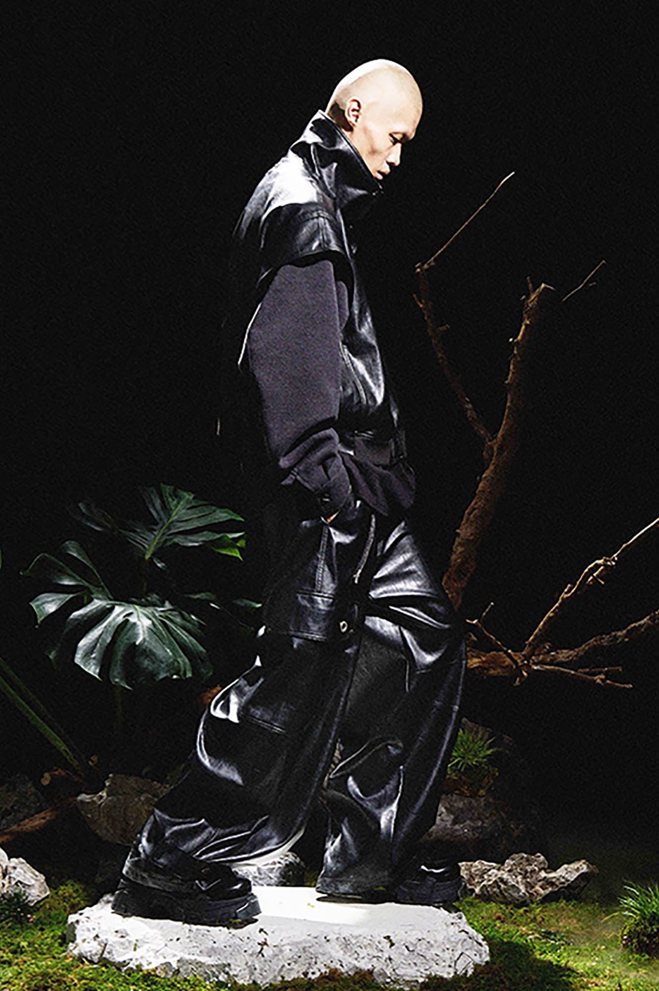 RELABEL Deconstructed Spliced Stand-Collar Faux Leather Jacket, premium urban and streetwear designers apparel on PROJECTISR.com, RELABEL